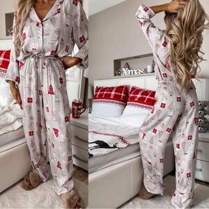 Light Grey Christmas Printed Shirt and Pants Pajama Set